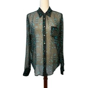 Equipment Sheer Olive, Black, Turquoise Leopard Print Silk Blouse Size Large